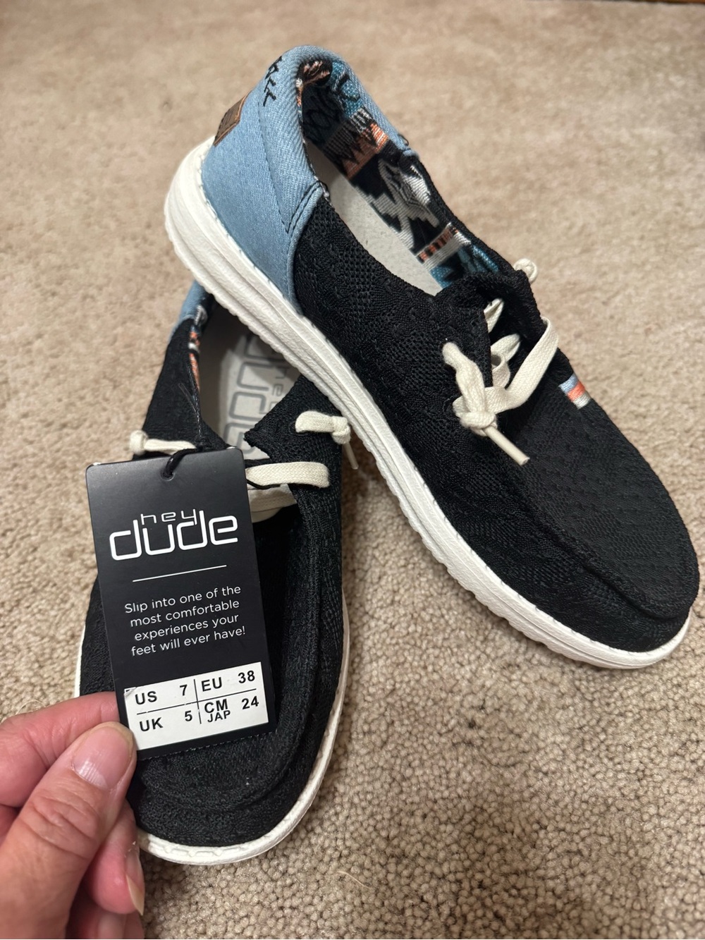 Hey Dude  Wendy   BOHO Black 
Slip-On Shoes with Cream Laces and Blue Trim